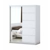 Dormitor Solano, alb, dulap 150 cm, pat cu tablie tapitata crem 140x200 cm, 2 noptiere, comoda