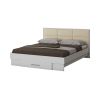 Dormitor solano, alb, dulap 150 cm, pat cu tablie tapitata crem 160×200 cm, 2 noptiere, comoda
