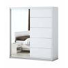 Dormitor Solano, alb, dulap 183 cm, pat cu tablie tapitata crem 140x200 cm, 2 noptiere, comoda