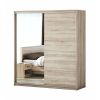 Dormitor Solano, sonoma, dulap 183 cm, pat cu tablie tapitata gri 140×200 cm, 2 noptiere, comoda