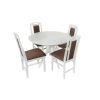 Set masa extensibila atria 102x142 cm, lemn masiv alb, blat din mdf cu 4 scaune tapitate zim standard, stofa petra maro