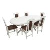 Set masa extensibila jork 160x200 cm, lemn masiv alb, blat din mdf cu 6 scaune tapitate zim standard, stofa petra maro