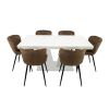 Set masa extensibila v 160x200 cm, lemn masiv alb, blat din mdf cu 6 scaune tapitate s-153, stofa maro