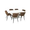 Set masa extensibila v 160x200 cm, lemn masiv alb, blat din mdf cu 6 scaune tapitate s-153, stofa maro