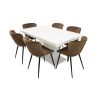 Set masa extensibila v 160x200 cm, lemn masiv alb, blat din mdf cu 6 scaune tapitate s-153, stofa maro