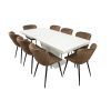 Set masa extensibila v 160x200 cm, lemn masiv alb, blat din mdf cu 8 scaune tapitate s-153, stofa maro
