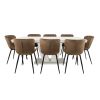 Set masa extensibila v 160x200 cm, lemn masiv alb, blat din mdf cu 8 scaune tapitate s-153, stofa maro