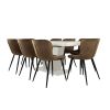 Set masa extensibila v 160x200 cm, lemn masiv alb, blat din mdf cu 8 scaune tapitate s-153, stofa maro