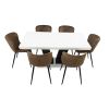 Set masa extensibila v 160x200 cm, lemn masiv alb/negru, blat din mdf cu 6 scaune dining s-153, tapiterie maro