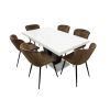 Set masa extensibila v 160x200 cm, lemn masiv alb/negru, blat din mdf cu 6 scaune dining s-153, tapiterie maro