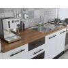 Bucatarie Alfa 300, corp hota si soldat, cu vitrina, alb/wenge, blat termic nuc
