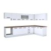 Bucatarie de colt Alfa, Corp hota, Corp cuptor, Cu vitrina, Alb, Blat termic nuc