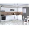 Bucatarie de colt Alfa, Corp hota, Corp cuptor, Cu vitrina, Alb, Blat termic travertin