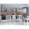 Bucatarie de colt Alfa, Corp hota, Corp cuptor, Cu vitrina, Alb, Blat termic travertin