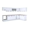 Bucatarie de colt Alfa, Corp hota, Corp cuptor, Cu vitrina, Alb, Blat termic travertin