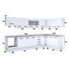 Bucatarie de colt Alfa, Corp hota, Corp cuptor, Cu vitrina, Alb, Blat termic travertin
