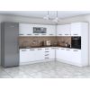 Bucatarie de colt Alfa, Corp inalt cuptor, Cu vitrina, Alb, Blat termic nuc