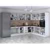 Bucatarie de colt Alfa, Corp inalt cuptor, Cu vitrina, Alb, Blat termic nuc