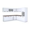 Bucatarie de colt Alfa, Corp inalt cuptor, Cu vitrina, Alb, Blat termic nuc