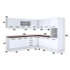 Bucatarie de colt Alfa, Corp inalt cuptor, Cu vitrina, Alb, Blat termic nuc