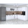 Bucatarie de colt Alfa, Corp inalt cuptor, Cu vitrina, Alb, Blat termic travertin