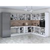 Bucatarie de colt Alfa, Corp inalt cuptor, Cu vitrina, Alb, Blat termic travertin