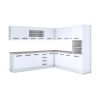 Bucatarie de colt Alfa, Corp inalt cuptor, Cu vitrina, Alb, Blat termic travertin