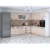 Bucatarie de colt Alfa, Corp inalt cuptor, Cu vitrina, Sonoma, Blat termic travertin