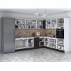 Bucatarie de colt Alfa, Corp inalt cuptor, Cu vitrina, Wenge, Blat termic travertin