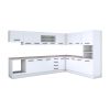 Bucatarie de colt Alfa, Soldat, Corp cuptor, Corp hota, cu vitrina, Alb, Blat termic travertin