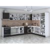 Bucatarie de colt Alfa, Soldat, Corp cuptor, Corp hota, cu vitrina, Wenge, Blat termic travertin