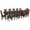 Set masa extensibila jork 250-300x100 cm, lemn masiv nuc, cu 12 scaune tapitate stofa maro, s-37 O15