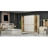 Dormitor Gold, alb/auriu, pat 160x200 cm, dulap cu 6 usi, 2 noptiere, comoda