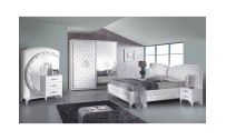 Dormitor Barocco Bianco, alb/auriu, pat 160x200 cm, dulap cu 6 usi, comoda, 2 noptiere