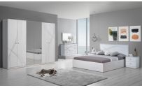 Dormitor Solano, sonoma, dulap 150 cm, pat cu tablie tapitata gri 160×200 cm, 2 noptiere, comoda
