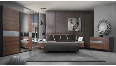 Dormitor Mercury, nuc/antracit, pat 160x200 cm, dulap cu 2 usi culisante, 2 noptiere