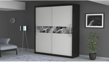 Dressing radu cu print, alb/negru, 204x218x58 cm, usi culisante