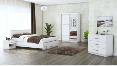 Set dormitor Beta, alb, dulap 120 cm, pat 160x200 cm, 2 noptiere, comoda