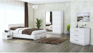 Set dormitor Beta, alb, dulap 150 cm, pat 160x200 cm, 2 noptiere, comoda