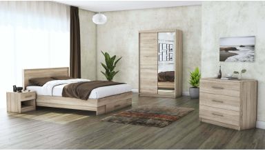 Set dormitor Beta, sonoma, dulap 120 cm, pat 160x200 cm, 2 noptiere, comoda