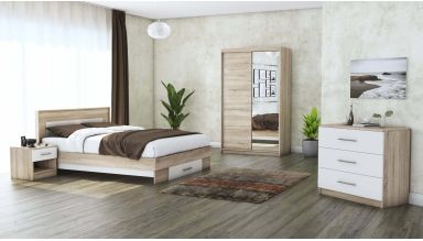 Set dormitor Beta, sonoma/alb, dulap 120 cm, pat 160x200 cm, 2 noptiere, comoda