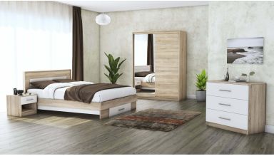 Set dormitor Beta, sonoma/alb, dulap 150 cm, pat 160x200 cm, 2 noptiere, comoda