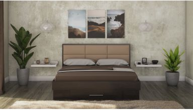 Pat solano wenge cu noptiere si saltea, tablie tapitata camel, 140×200 cm