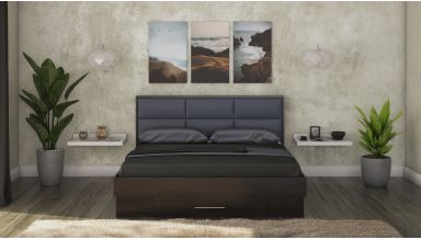 Pat solano wenge cu noptiere si saltea, tablie tapitata gri, 140×200 cm