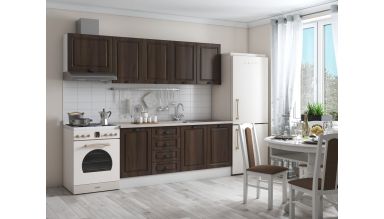 Bucatarie maya 240 cm, nuc columbia, blat kastamonu travertin 28 mm, fronturi mdf, corp hota