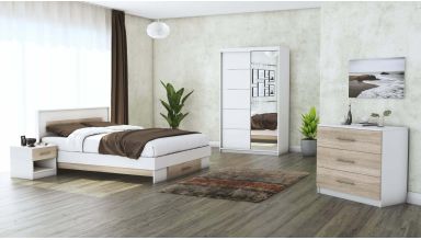Set dormitor Beta, alb / sonoma, dulap 120 cm, pat 140x200 cm, 2 noptiere, comoda