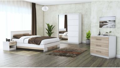 Set dormitor Beta, alb / sonoma, dulap 150 cm, pat 140×200 cm, 2 noptiere, comoda