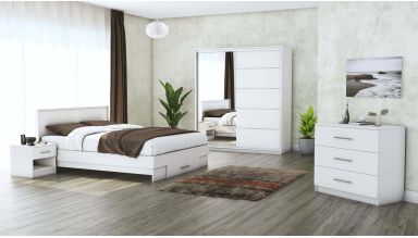Set dormitor Beta, alb, dulap 183 cm, pat 140×200 cm, 2 noptiere, comoda