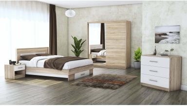Set dormitor Beta, sonoma / alb, dulap 183 cm, pat 140×200 cm, 2 noptiere, comoda