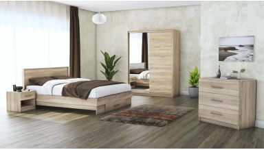 Set dormitor Beta, sonoma, dulap 150 cm, pat 140×200 cm, 2 noptiere, comoda